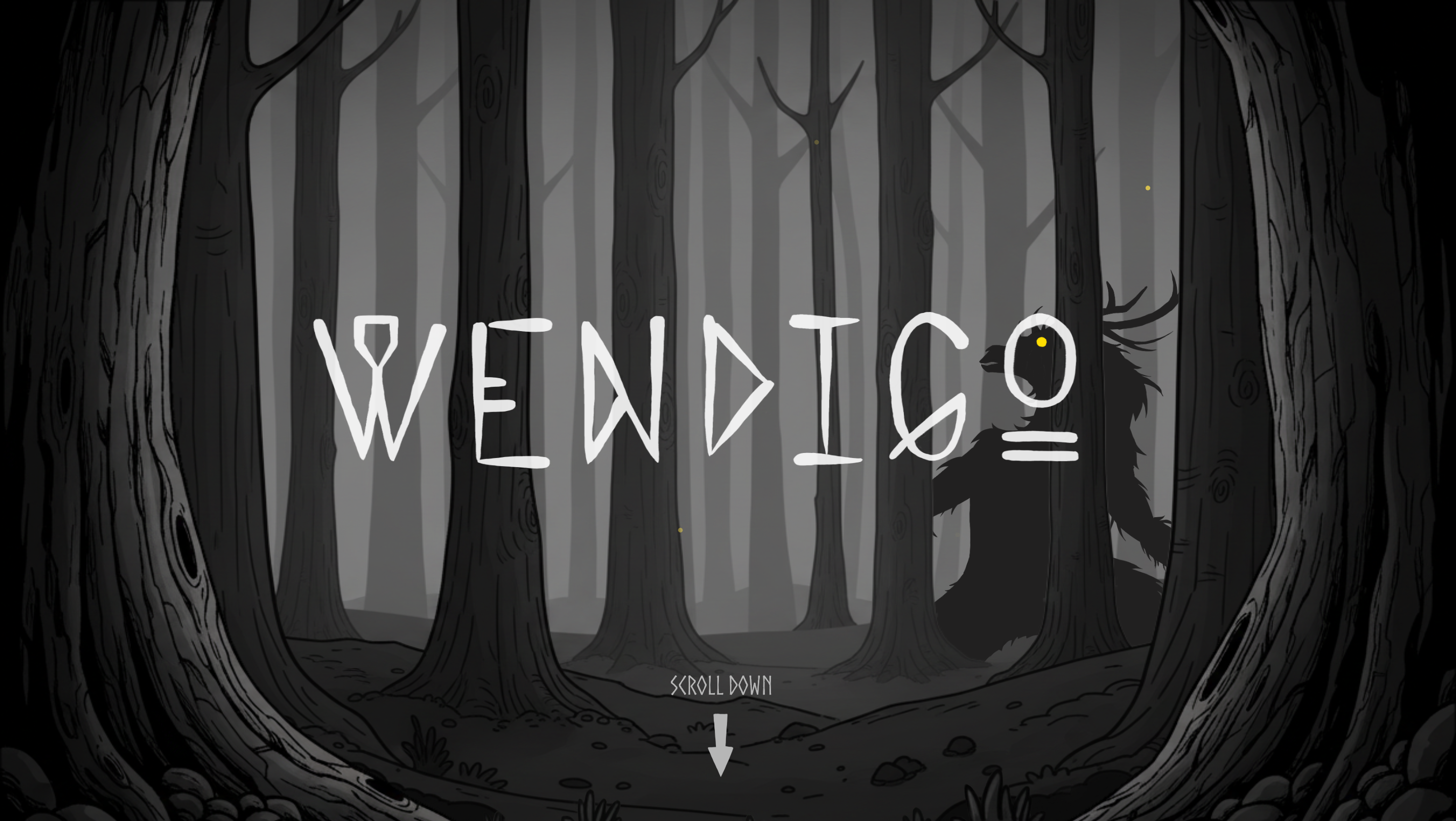 User Experience Design work by Naomi Coke showing the walkthrough video of a microsite about Wendigos. The site is mostly black, white, and grey, containing multiple illustrated elements.