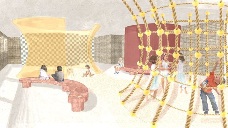 Digital render of a climbing frame and benches with children using the space.