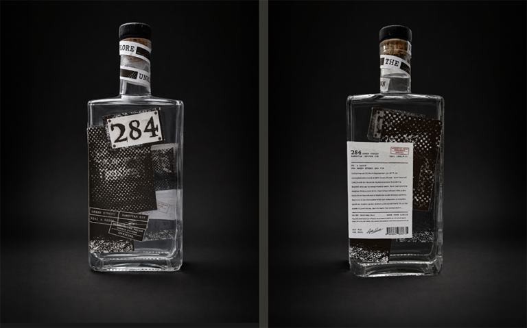 BA Graphic Design work by Freya Scott showing her mysterious 284 gin brand’s packaging. It is inspired from her grandad’s police experience of the Enfield poltergeist in 1977.