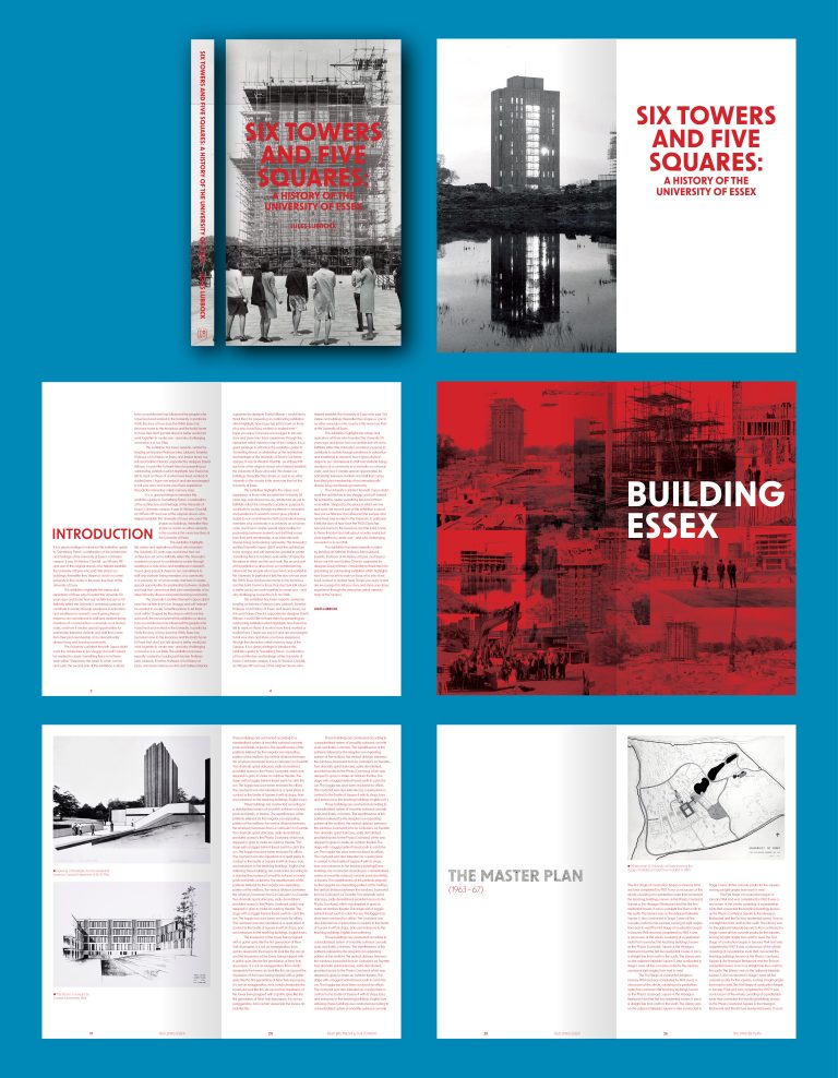 The cover and several double page spreads. The book is slightly slimmer and taller than the average. It includes black and white photography and red text which is formatted in two columns.