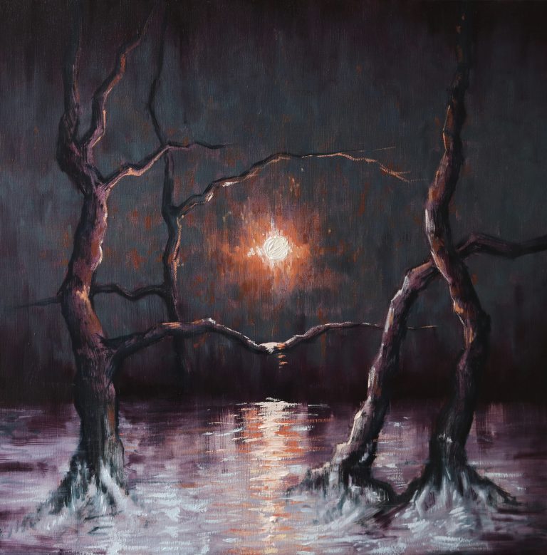 A dramatic, square format oil painting on canvas depicting a sun surrounded by dark sky and twisting trees.
