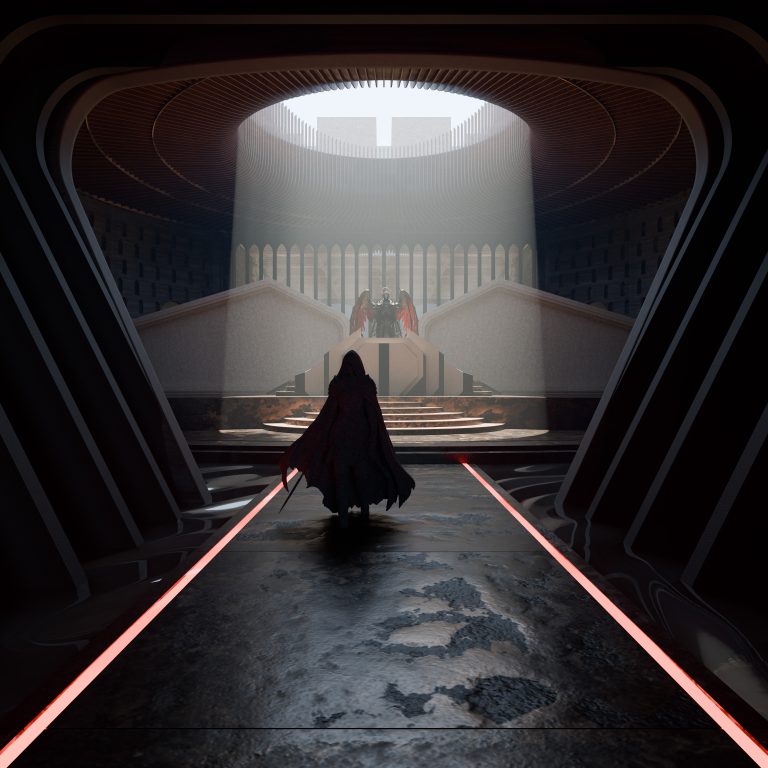 Digital Rendering by Robyn Holmes, Showing the process of a supplicants arrival to the meeting hall.