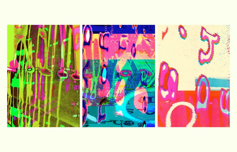 BA Design for Publishing work by Margot Smith showing 3 bright and colourful distorted type-based prints.
