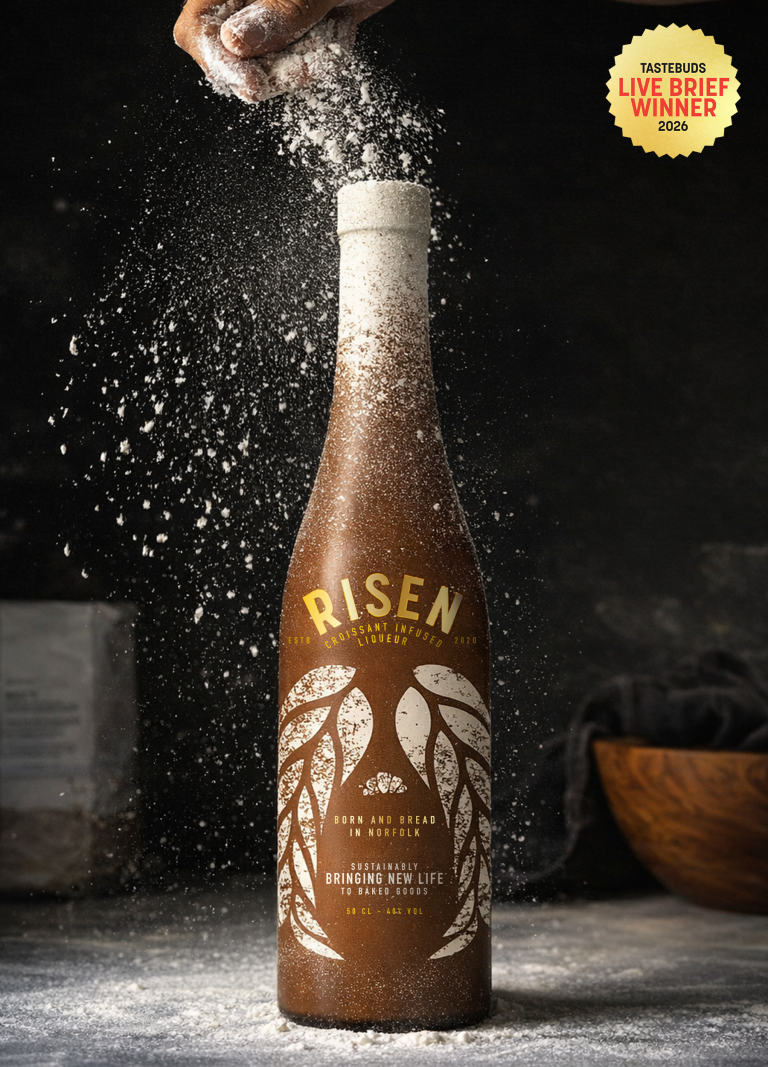 Risen by May Smith and Bethan Todd, featuring croissant flavoured liqueur that transforms discarded bread and pastries into premium alcoholic beverages, celebrating the elevation of waste into second life.