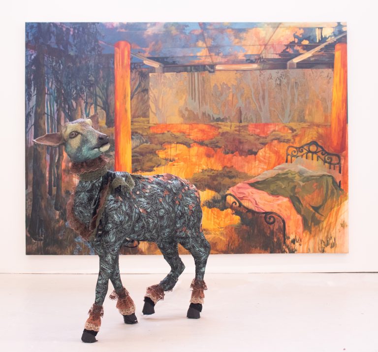 Fine Art work by Isla Dowman showing a mechanical deer sculpture, and a large colourful landscape painting.