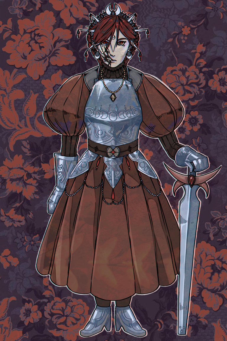 Digital art work by Millie Chambers showing a scarred woman in armour.